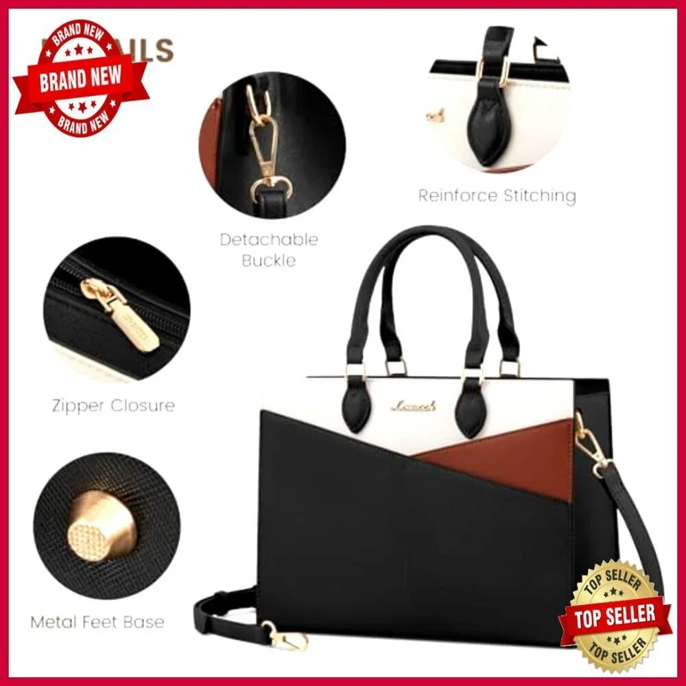 Large PU Leather Satchel Tote with Adjustable Strap, 6 Pockets